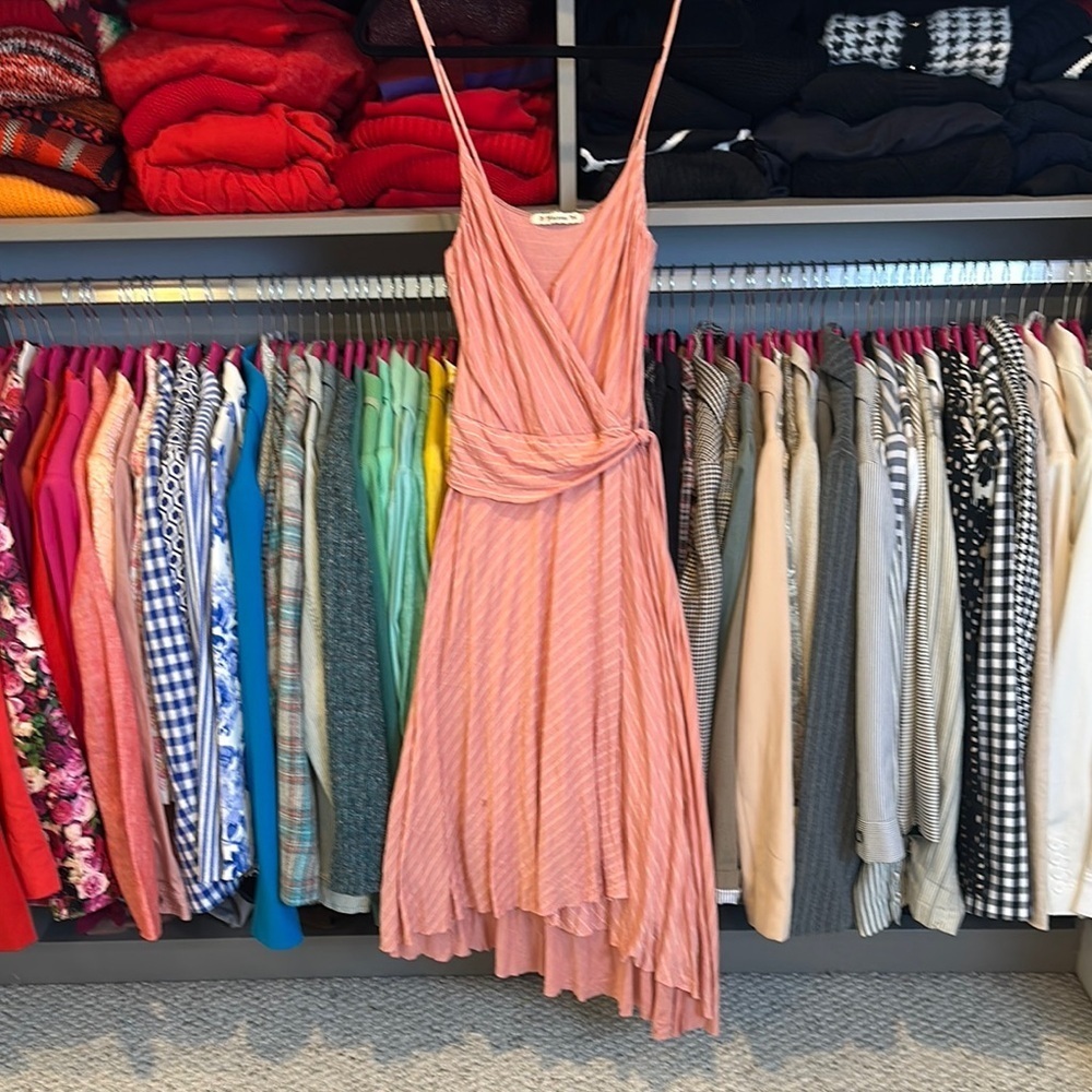 Forever pink/white stripe adjustable strap asymmetrical hem faux wrap dress XS